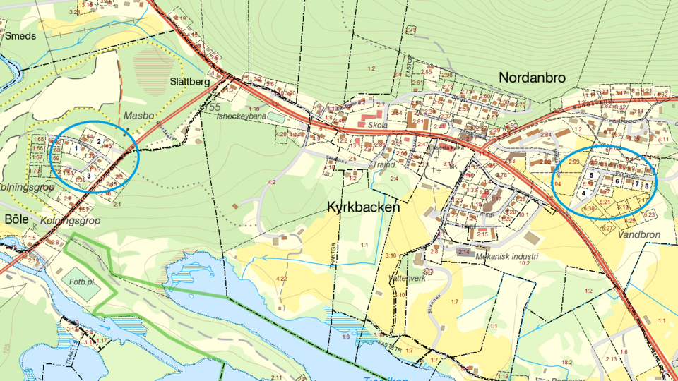 Karta där det är markerat lediga tomter i Hassela