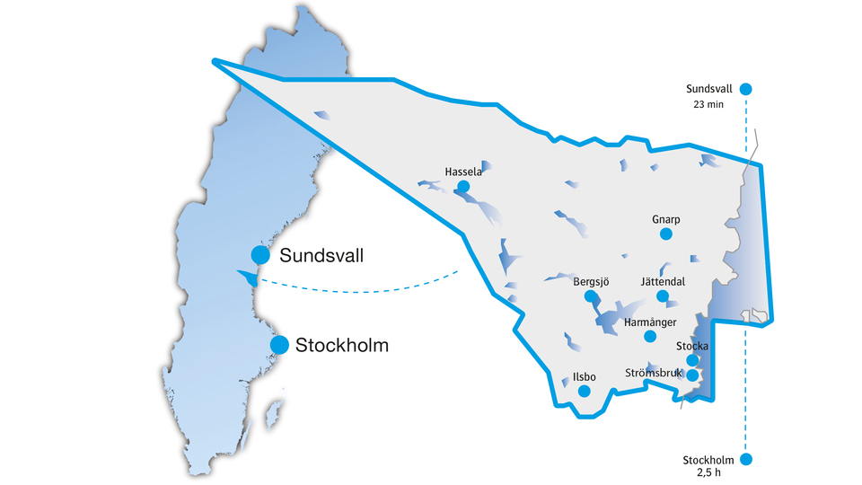 Liten sverigekarta där Nordanstig med orter är illustrerat med en stor bild.