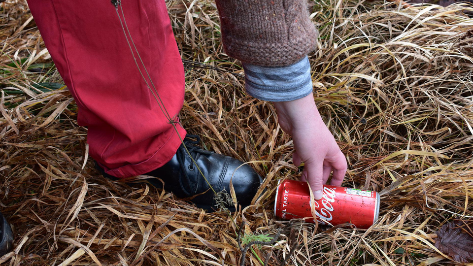 Bilden visar hur en person böjer sig ner och plockar upp en coca-cola-burk ur gräset.