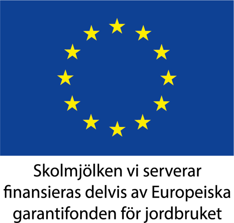 EU:s blå flagga med gula stjärnor i ring -  skolmjölksstödet.