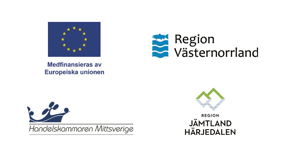 Logotyper för EU, Region Västernorrland, Handelskammaren Mittsverige och Region Jämtland Härjedalen.