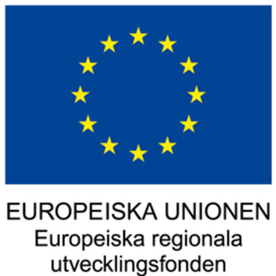 EU:s blå flagga med gula stjärnor i ring -  europeiska regionala utvecklingsfonden