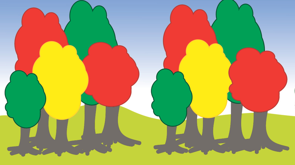 Nationella miljömål - illustration med röda, gula och gröna träd