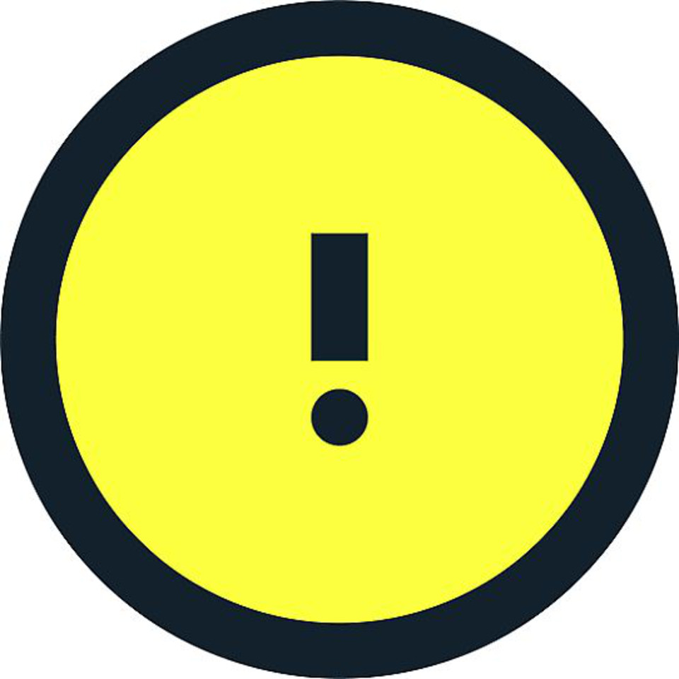 SMHI:s gula varning: Ett utropstecken på gul botten med en svart ring runt.