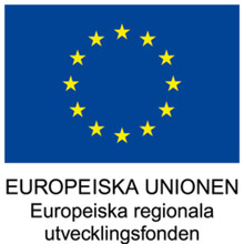 EU:s blå flagga med gula stjärnor i ring -  europeiska regionala utvecklingsfonden