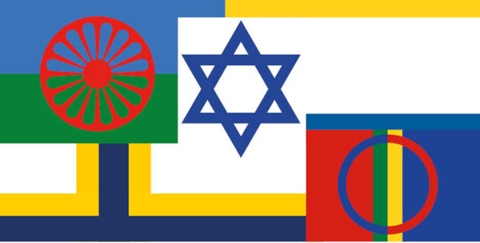 Flaggor för Sveriges fem nationella minoriteter.