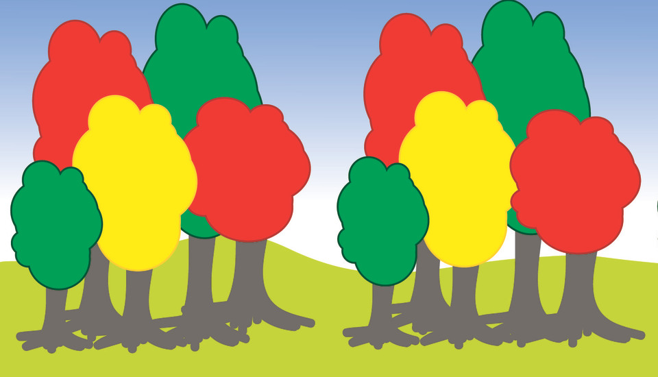 Illustration med röda, gul aoch gröna träd.
