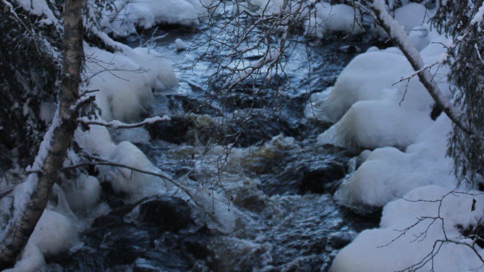 Srömmande vatten i en bäck omgärdad av snö.