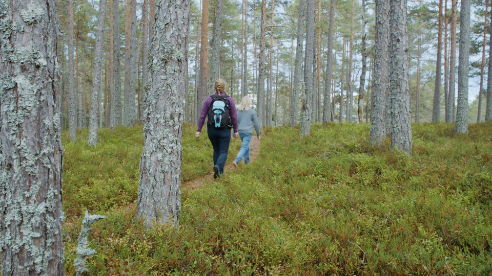 Två kvinnor går på en stig i skogen. Stillbild från rekryteringsfilmen "Bli en av oss" producerad av Great Story Video 2018.