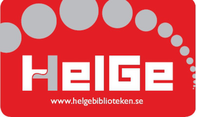 Helgebibliotekens logotyp; röd bottenfärg med gråfärgade prickar och HelGe och helgebiblioteken.se i vi text.