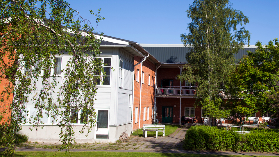 Utegården på Sörgården, Bergsjö, träd, buskar och sittplatser framför tvåvåningshusen i vinkel