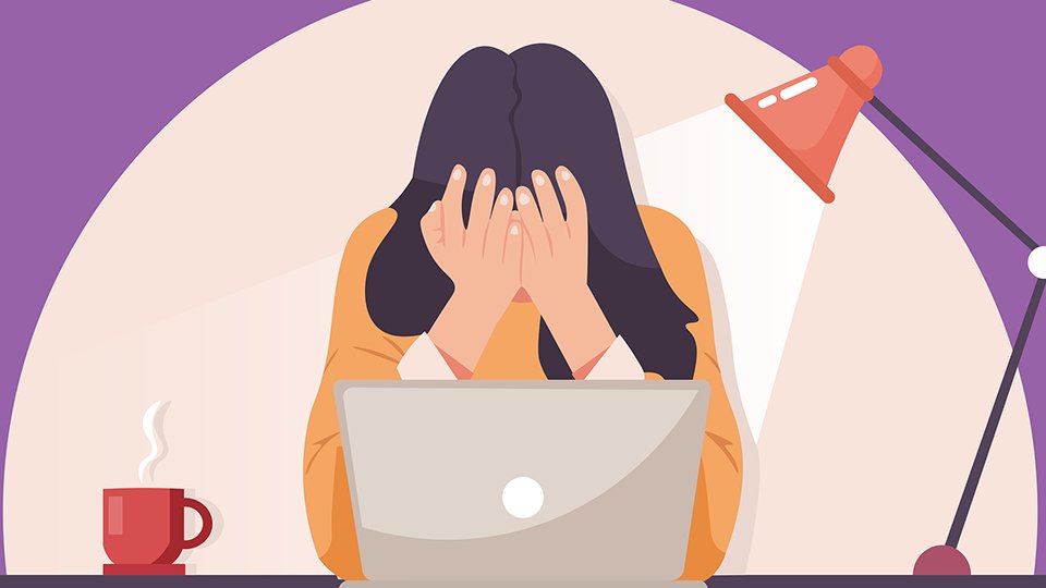 En illustration av en kvinna som sitter vid en dator med ansiktet gömt bakom hennes händer.