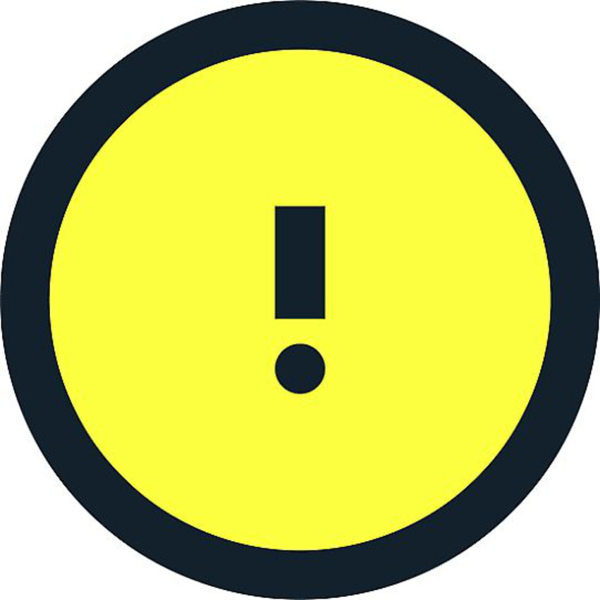 SMHI:s gula varning: Ett utropstecken på gul botten med en svart ring runt.