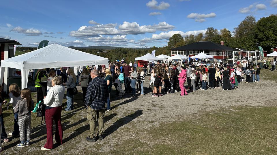 Barn och vuxna i en lång kö i solsken.